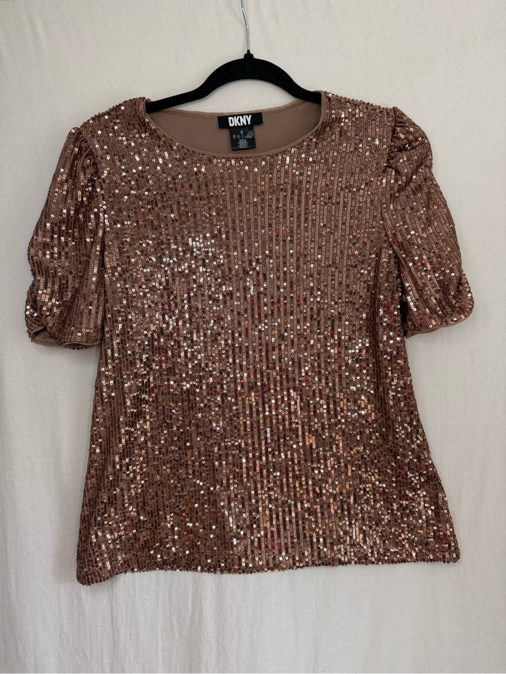 DKNY Rose Gold Sequin Puff Sleeve Top Size M